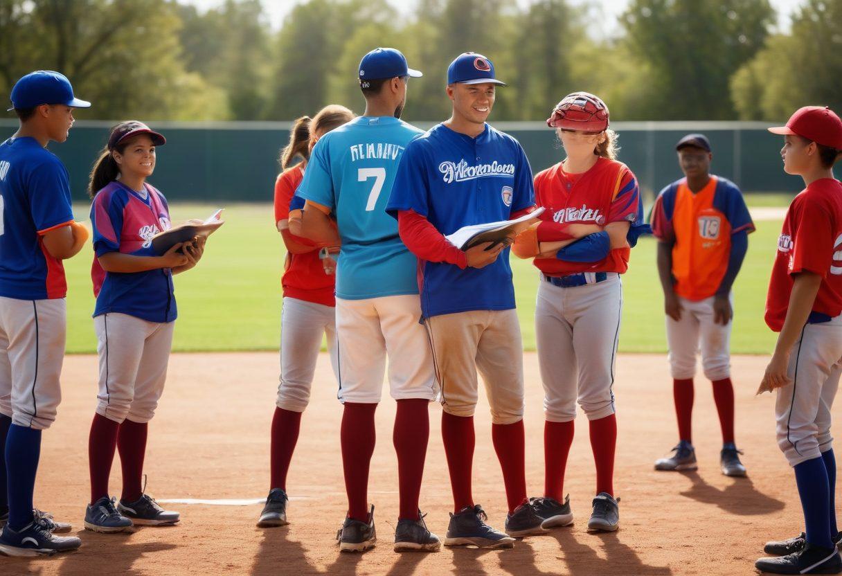 A dynamic baseball field scene showcasing players in action, emphasizing teamwork and strategy. In the foreground, a coach reviewing tailored insurance plans with a clipboard, surrounded by enthusiastic young players in jerseys and baseball gear. Elements of safety and protection depicted through visual metaphors like a shield symbol or a secure lock. Bright and optimistic colors to convey a sense of trust and empowerment. super-realistic. vibrant colors.