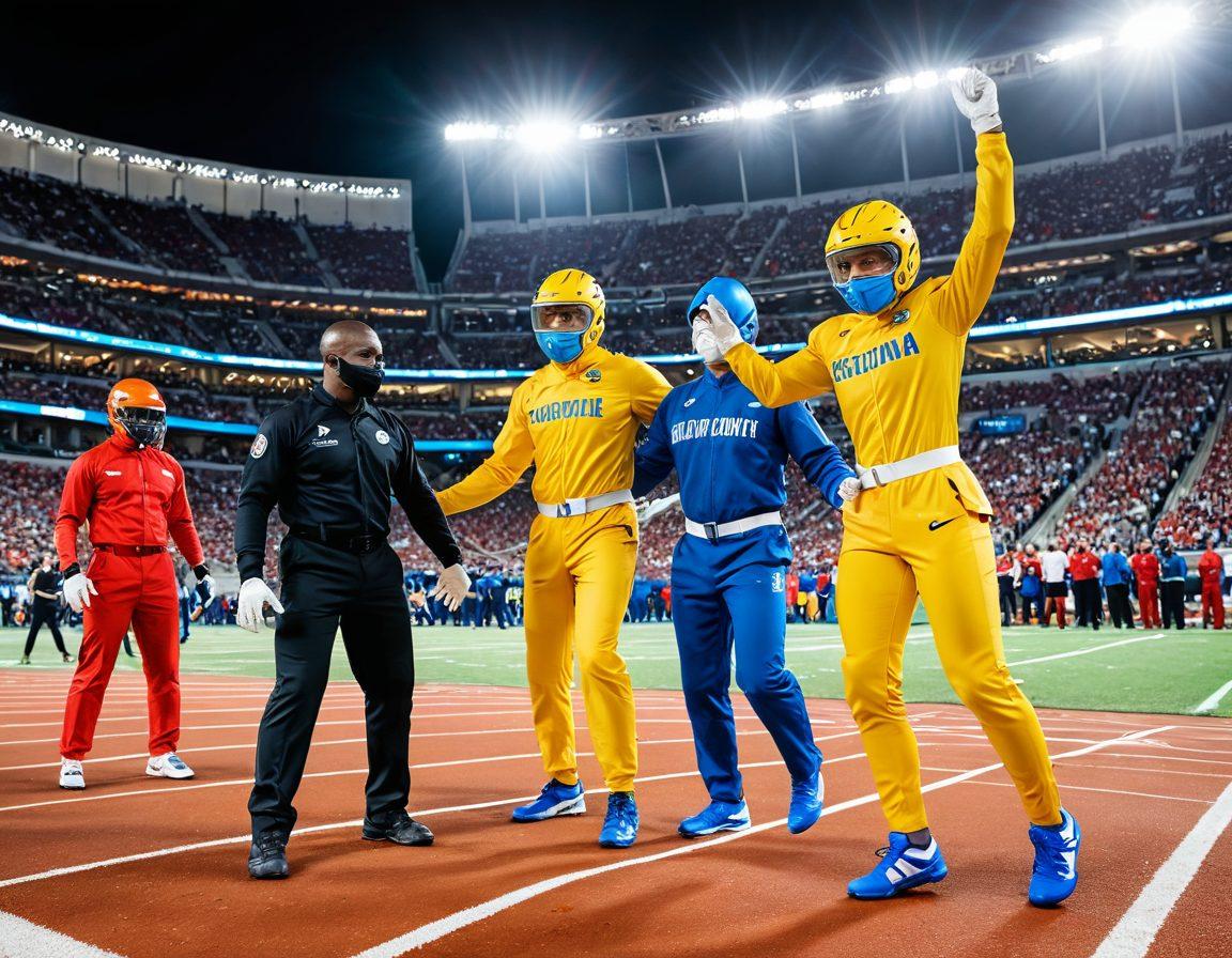 A dynamic scene showcasing athletes in various sports wearing protective gear, with a backdrop of a stadium and medical professionals ready to assist. Highlight a scale balancing liability and injury prevention, symbolizing the tension between safety and performance. Include vibrant colors to depict energy and action while emphasizing unity among teams. super-realistic. vibrant colors. white background.
